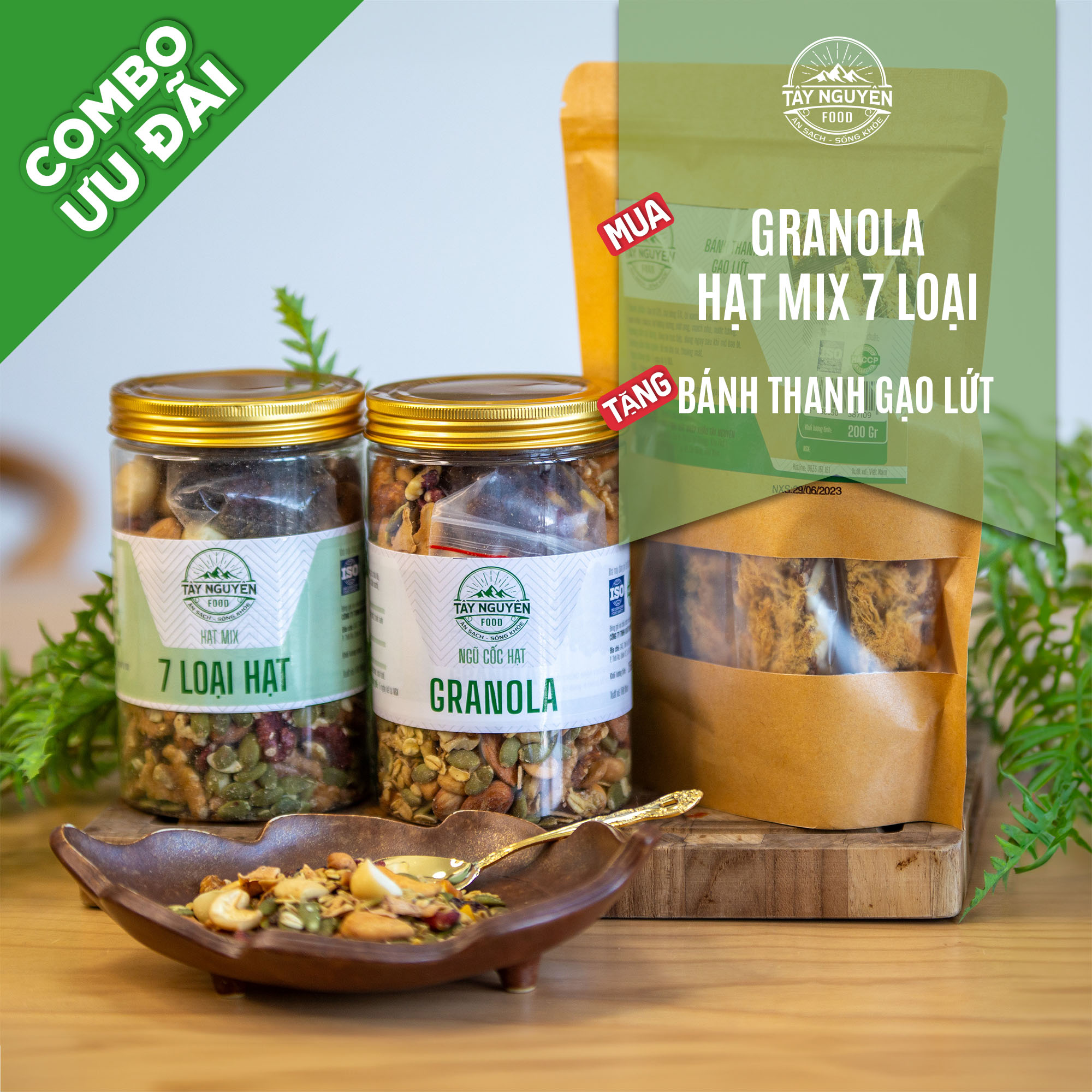 Combo 1 hũ granola 500g và 1 hũ hạt dinh dưỡng 500g tặng 1 bịch thanh gạo lứt chà bông 200g tây nguyên food – việt nam