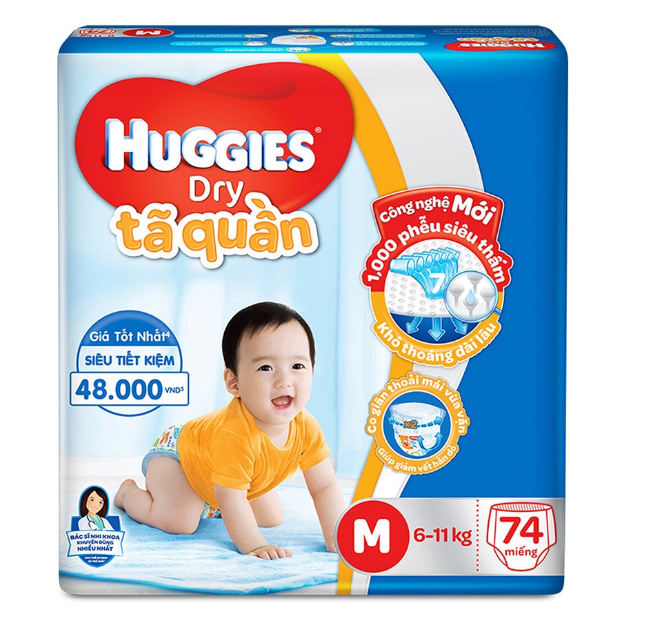 Tã Quần Huggies Dry Gói Cực Đại M74, L68, XL62, XXL56 -Bao bì mới