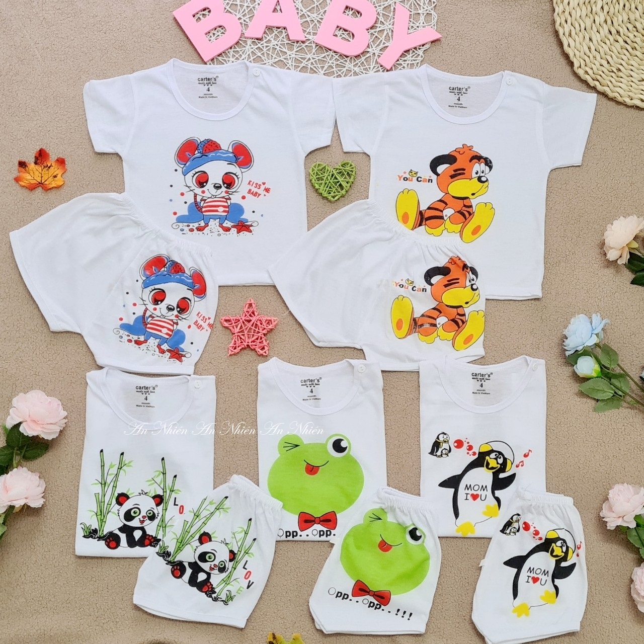 Quần áo trẻ em ngộ nghĩnh: Set 5 bộ quần đùi áo cộc tay họa tiết ếch xanh, thú hoạt hình cho bé trai bé gái 3-14kg