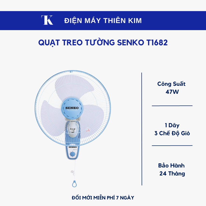 Quạt treo tường Senko T1682 47W 3 chế độ gió - Bảo Hành 24 Tháng Toàn Quốc