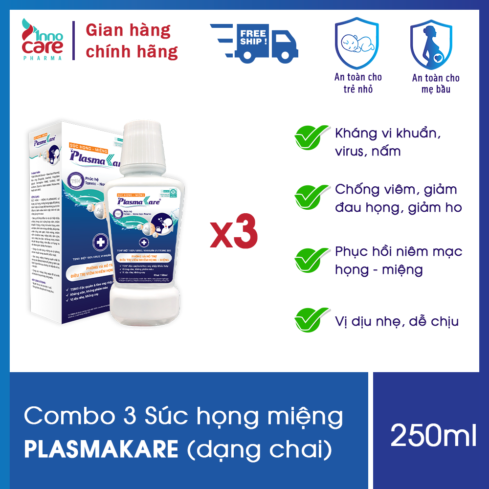 Combo 3 Nước súc miệng, nước súc họng, súc họng miệng Nano Bạc PlasmaKare chai 250ml: Dịu họng, Giảm ho, Sạch đờm