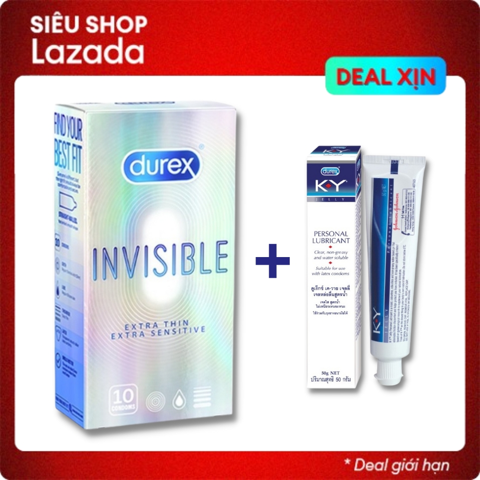 bao cao su nam nữ durex invisible extra thin cực siêu mỏng 10 bcs - gel bôi trơn durex ky 50g