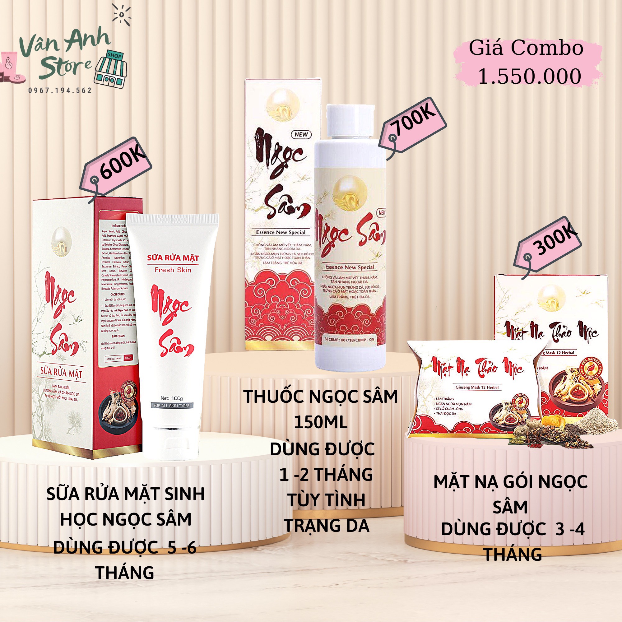 Bộ ngọc sâm 3 sản phẩm gồm tinh chất ngọc sâm + mặt nạ gói + sữa rửa mặt