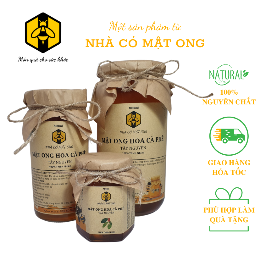Mật ong hoa cà phê nguyên chất Daklak - Mật ong 100% từ thiên nhiên làm quà tặng lọ thủy tinh cao cấp 180ml/500ml/1000ml