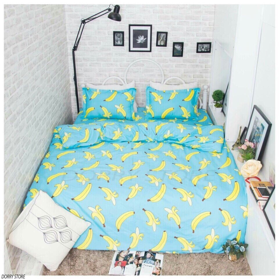 Bộ ga gối giường Cotton Poly Họa tiết Chuối vàng (Tặng kèm vỏ gối ôm cùng loại)