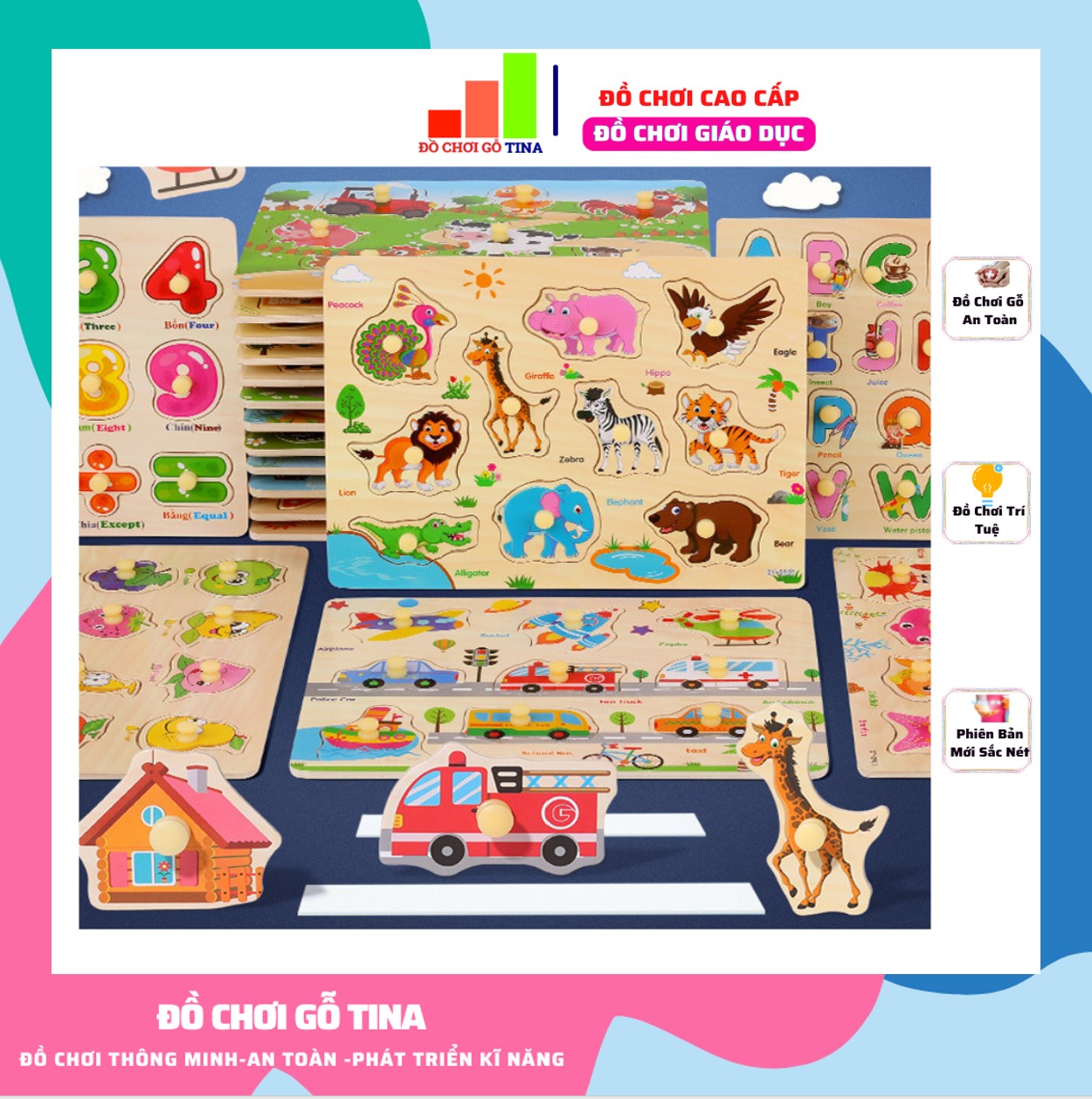 Bảng Ghép Hình Núm Gỗ - Đồ Chơi Gỗ TINA Bảng Ghép Hình VIVITOYS 22 X 30 X 2 Cm Cao Cấp An Toàn Giúp Bé Tư Duy Thông Minh