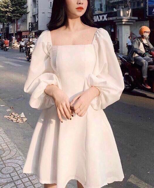 Đầm trắng tay phồng