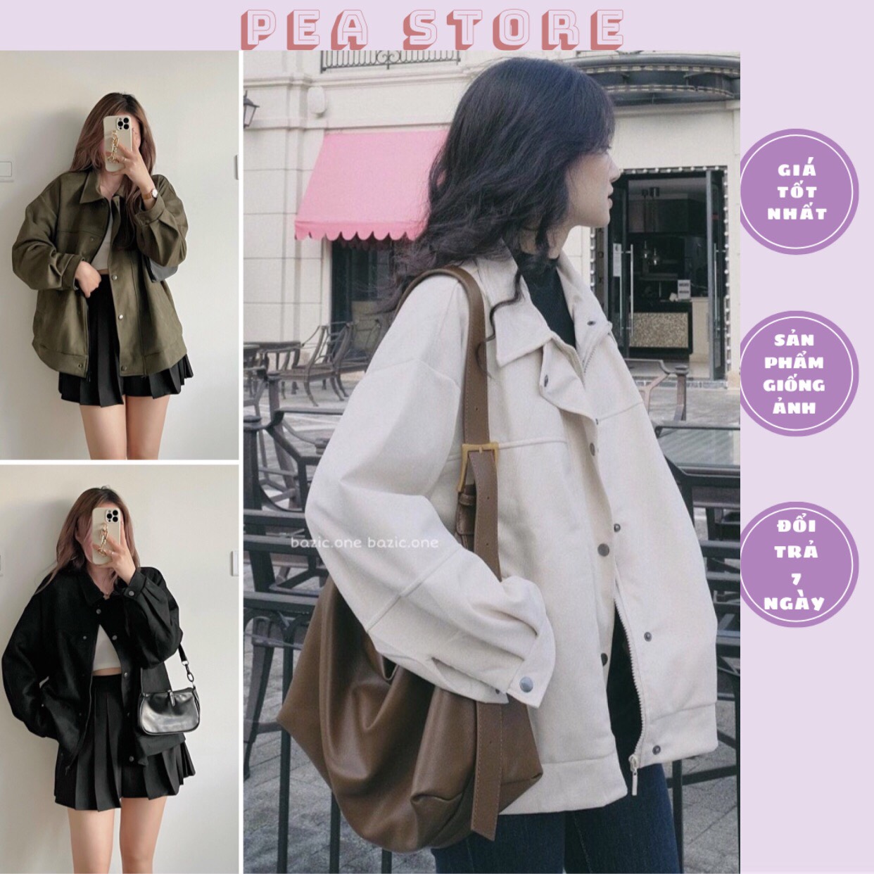Áo khoác da lộn 2 lớp cổ bẻ cúc bấm Pea Store
