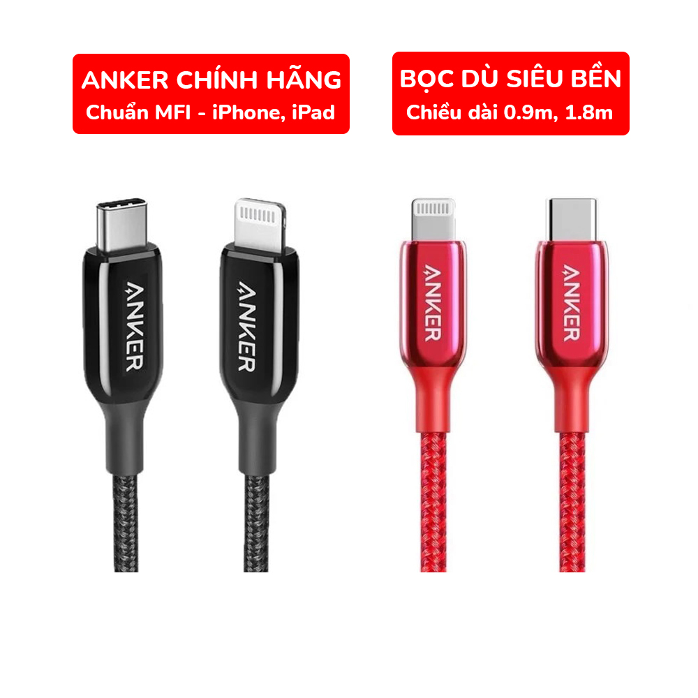 Cáp sạc anker sạc nhanh cho iphone chuẩn pd type c to lightning - a8842 a8843, cáp sạc iphone 12 promax, 13 promax 2m