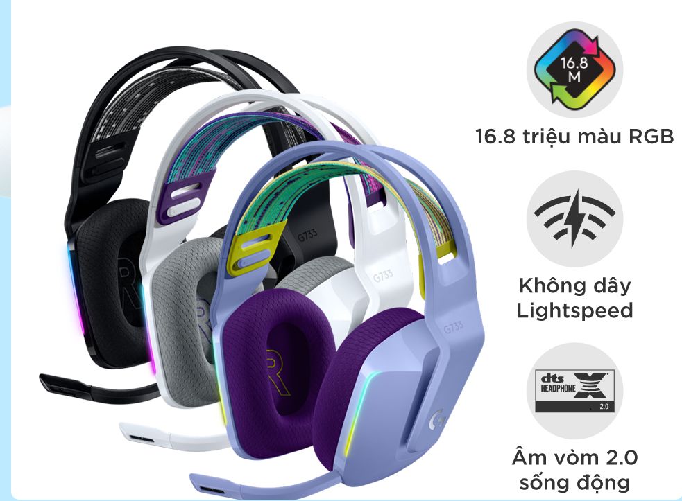 Tai nghe game không dây Lightspeed Logitech G733 - Headband tùy chỉnh, RGB Lightsync, màn loa Pro-G, Mic Blue Voice