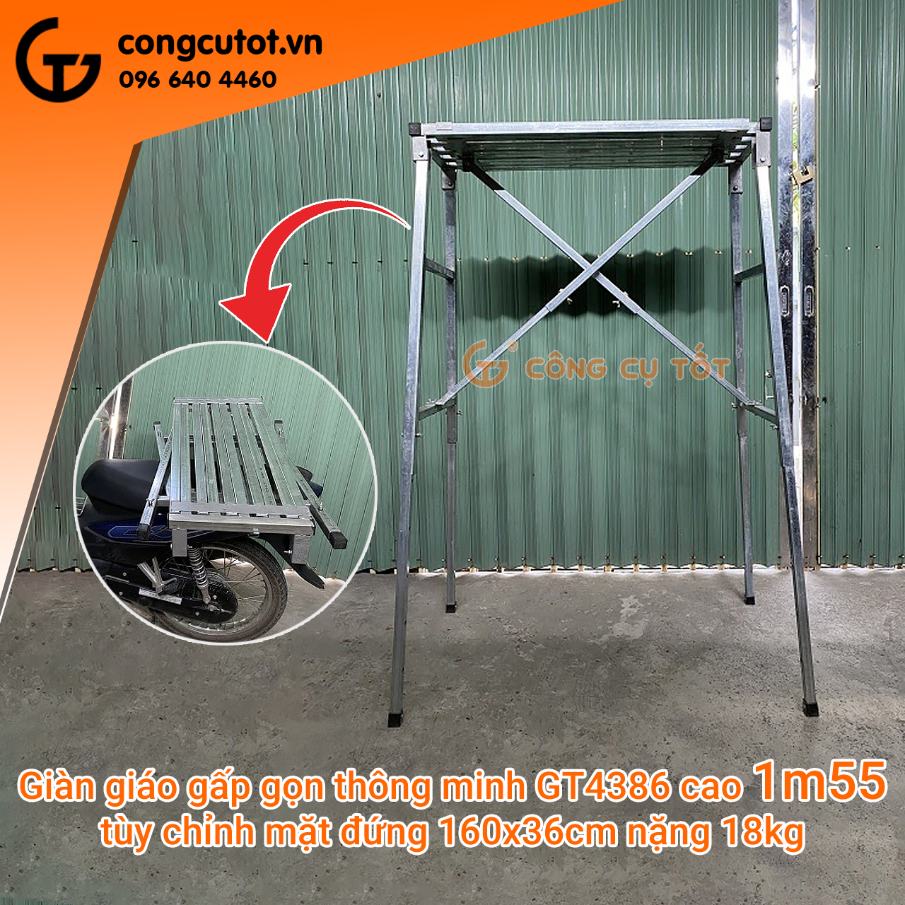 Giàn giáo di động đa năng - chiều cao có thể thay đổi theo ý muốn - giàn giáo gấp gọn GT4386 cao 1m55 tùy chỉnh mặt đứng 160x36cm nặng 15kg-18kg chắc chắn