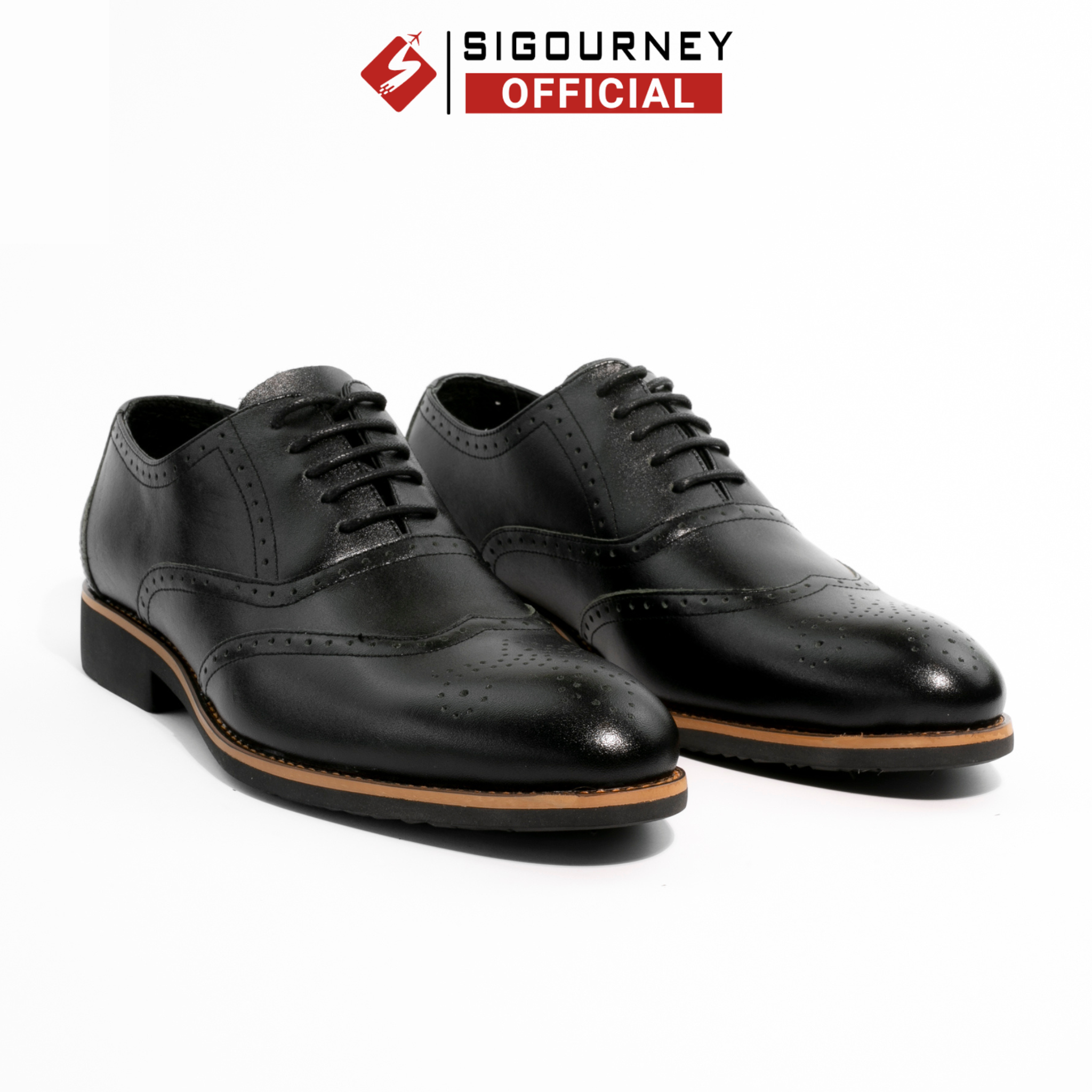 Giày Tây Nam Da Bò Cao Cấp Kiểu Dáng Oxford Brogues Đục Lỗ SIGOURNEY Màu Đen Sang Trọng SIG-36 Bảo Hành 18 Tháng