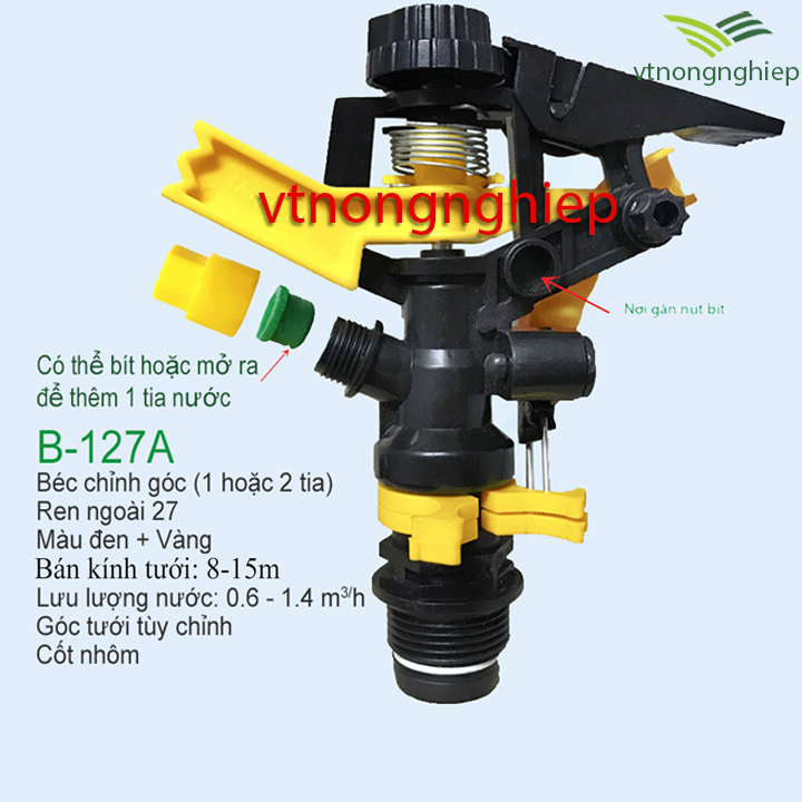 Béc tưới cánh đập BB-127A, béc tưới 1-2 tia, bán kính 8-15m, chân ren phi 27mm, màu vàng, béc cánh đập chỉnh góc tưới tùy ý, tưới vườn cây ăn trái, vườn hoa