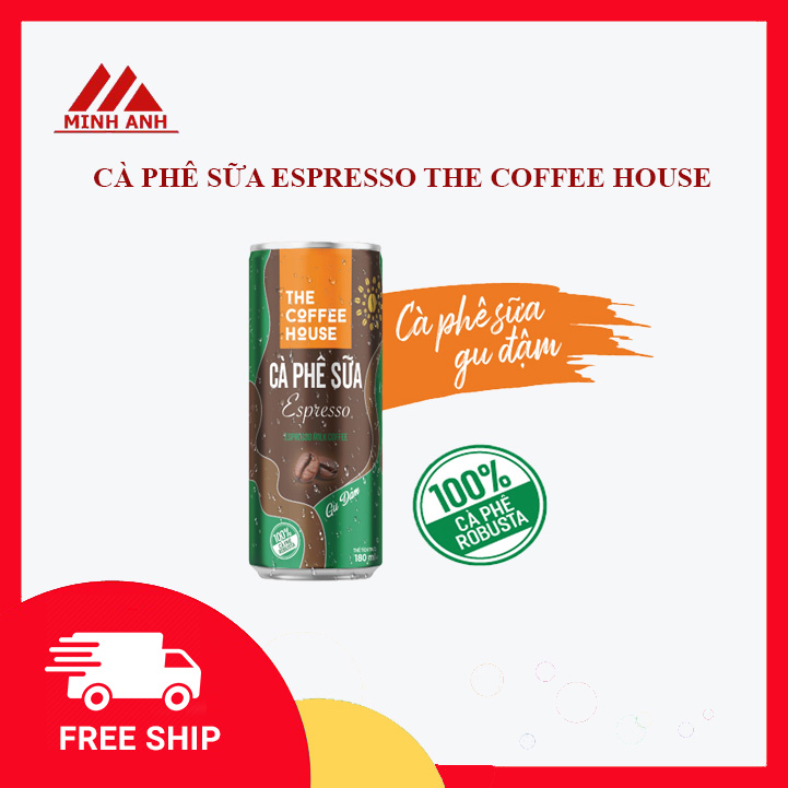 Cà phê sữa Espresso The Coffee House lon 180ml, thành phần hoàn toàn từ cà phê Robusta, cà phê sữa uống liền, hương vị cà phê đậm đà, vị sữa béo nhẹ, đem đến trải nghiệm hoàn toàn mới