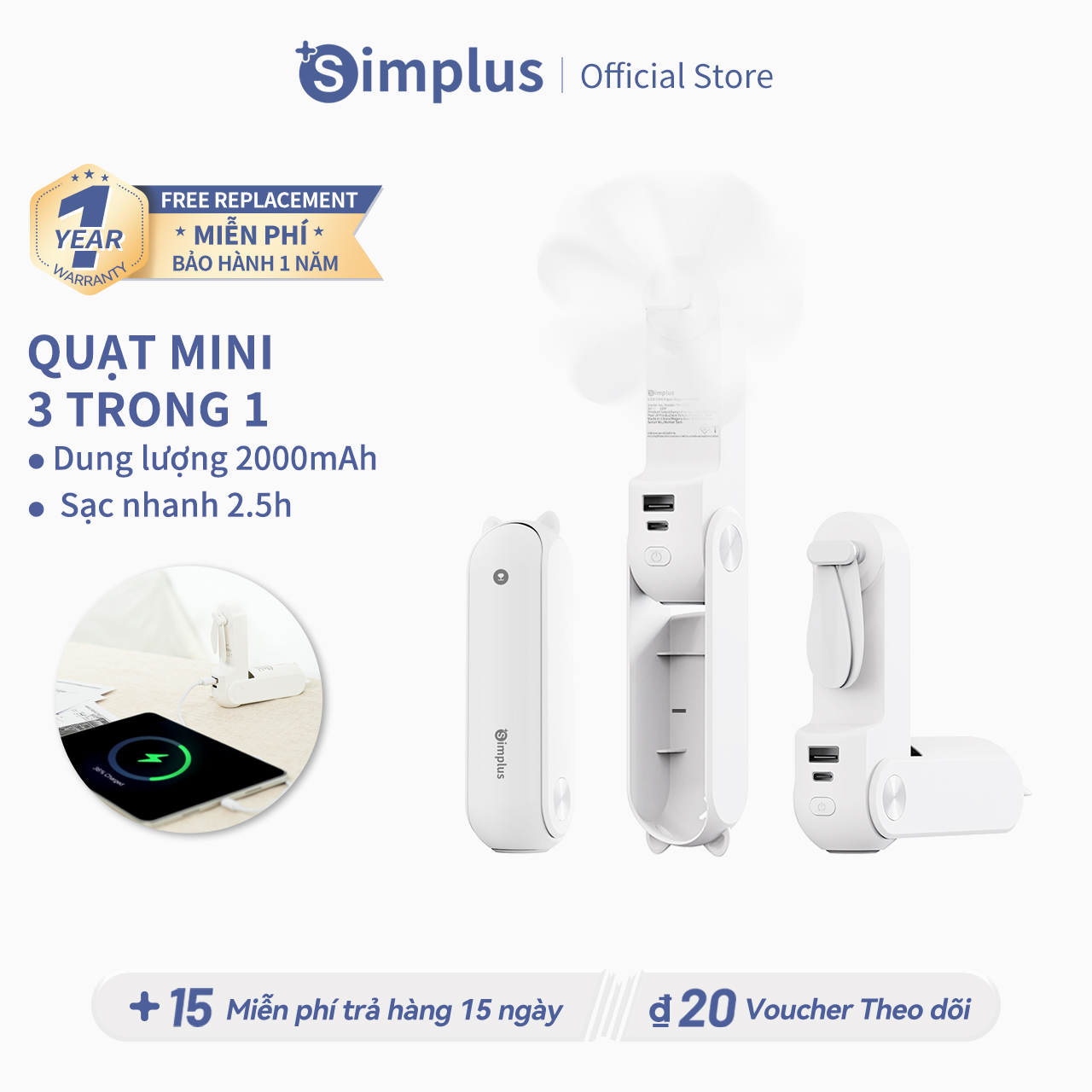 Simplus, Quạt mini thông minh, cầm tay, USB, quạt sạc pin, dạng cầm tay mini, có thể gấp gọn, 2 mức tốc độ gió
