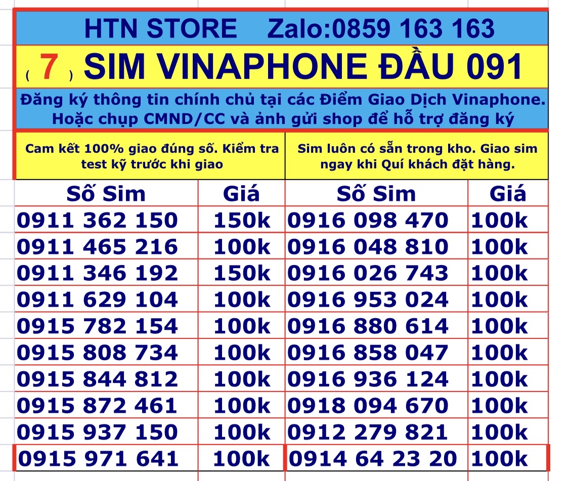 Sim vinaphone số đẹp đầu 091 vina trả trước sim nghe gọi và truy cập 4G, 5G - HTN