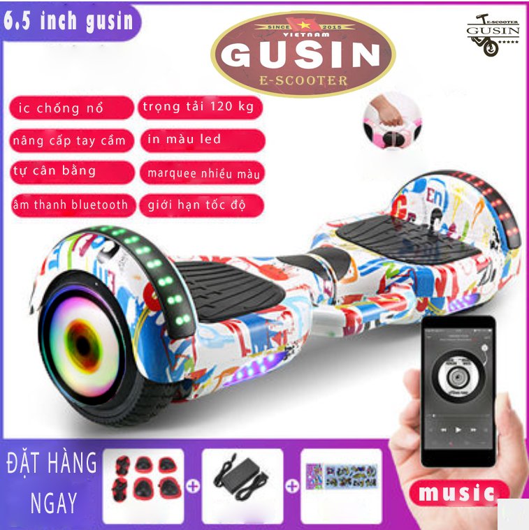 [HCM]xe điện cân bằng GuSin 6.5inch Màu Trắng loang -loa Bluetooth 2.0 - Bảo hành chính hãng 2 năm