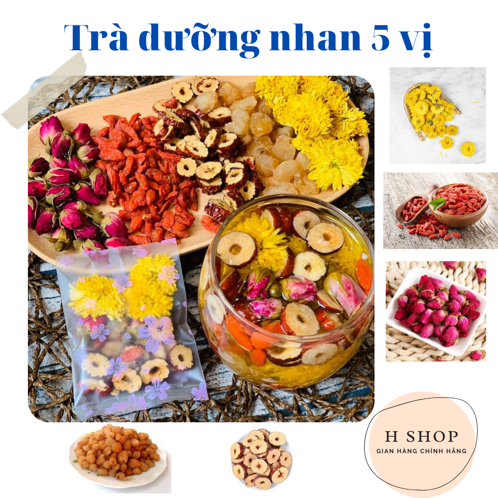 Set 30 gói trà dưỡng nhan 5 vị bồi bổ sức khỏe - tặng kèm hộp, bình 100ml, đường detox, mật ong