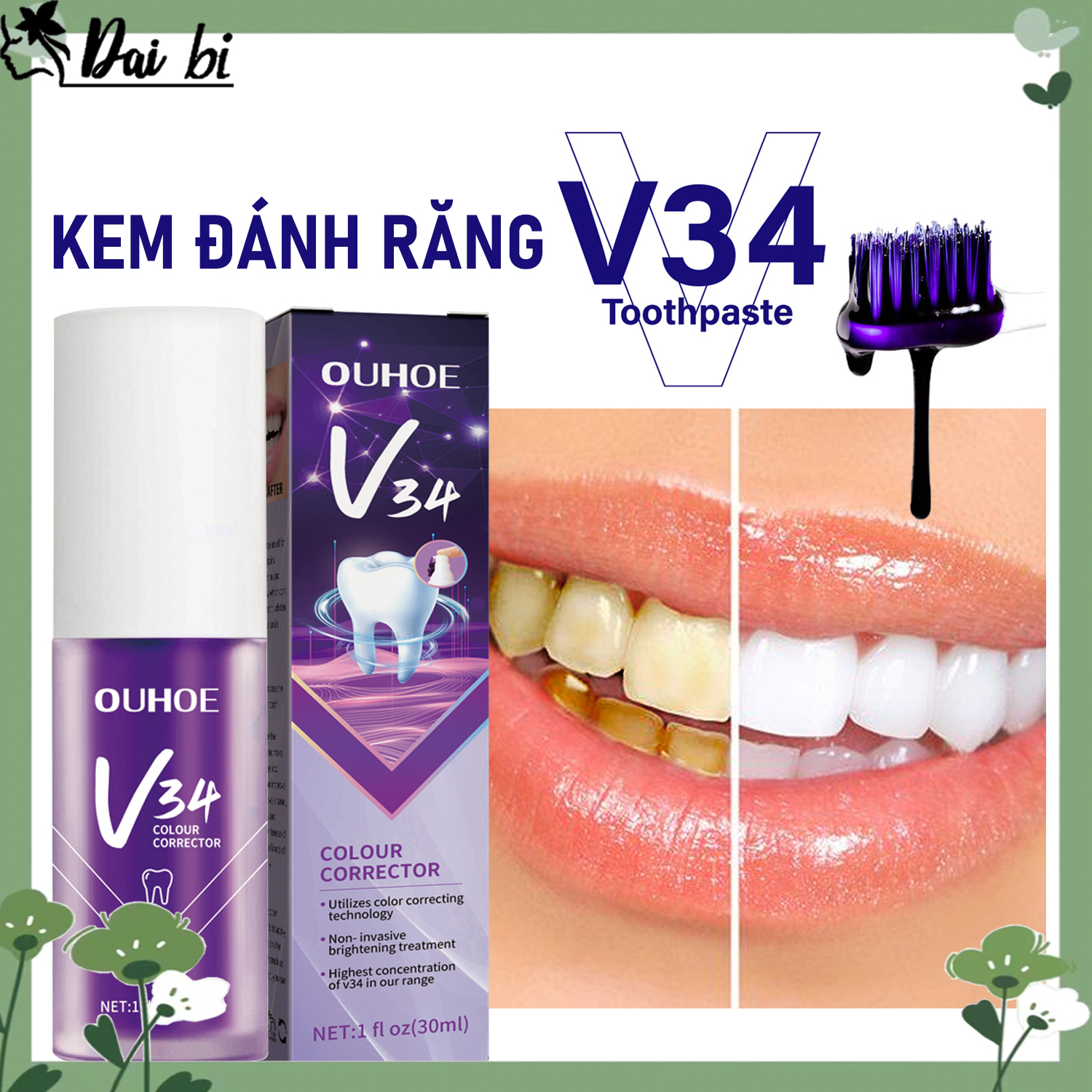 OUHOE V34 Kem đánh răng làm trắng màu tím Kem đánh răng làm trắng Loại bỏ răng vàng cao răng Vệ sinh răng miệng sửa răng