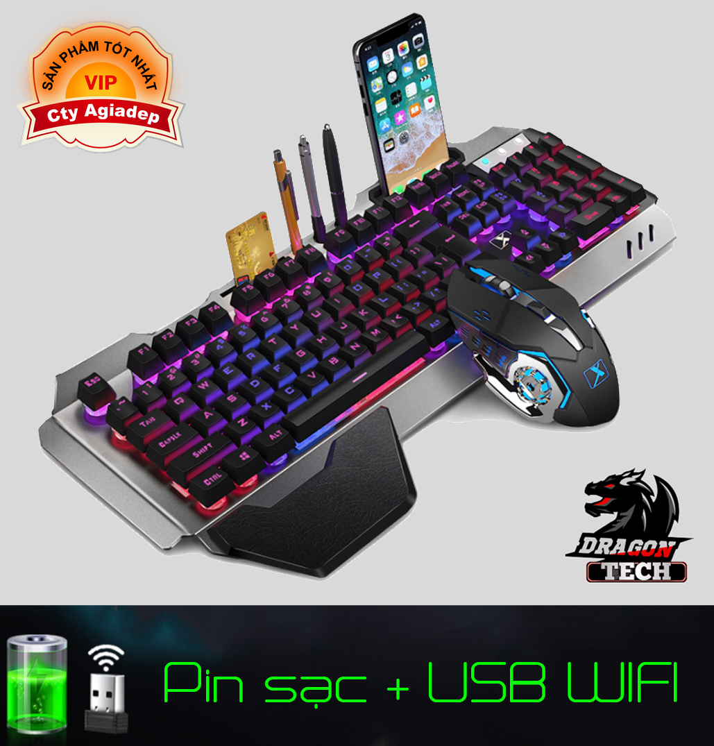 Bộ bàn phím chuột ánh sáng game đa sắc xịn đẹp Pin Sạc DragonTech DK680