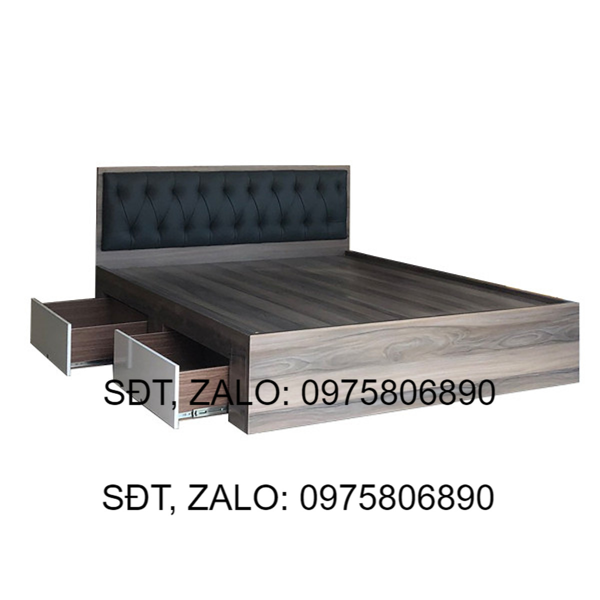 Giường Ngủ Gỗ MDF Phủ Melamine Bọc Nệm Xanh Đậm Có Ngăn Kéo Màu Nết + Trắng HK 421 .