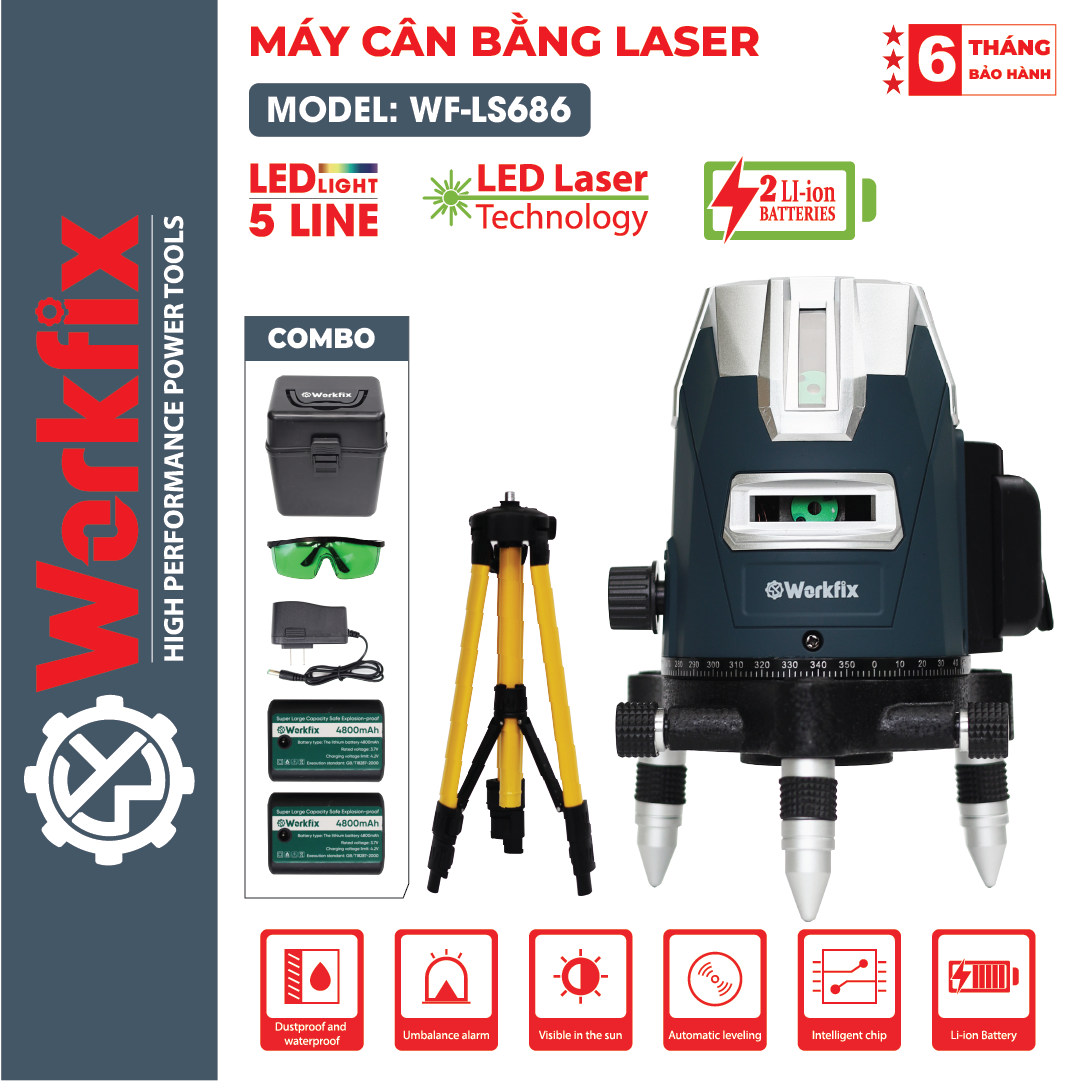 Máy Cân Bằng Lazer WORKFIX-LS686 Mẫu mới Hộp Nhựa, 5 Tia Xanh Bóng LED Siêu Sáng, Phím cảm ứng