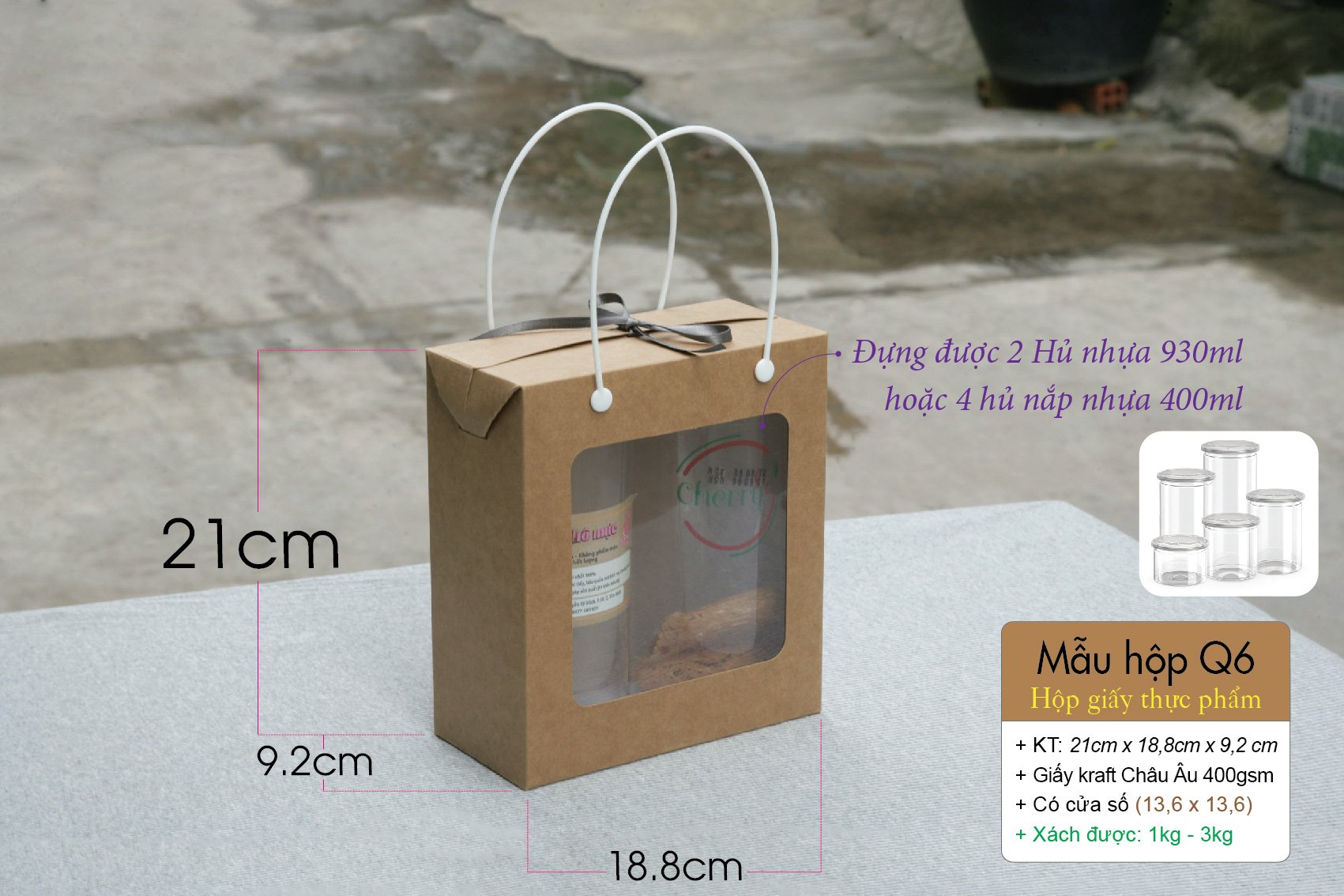 25 cái Hộp Q6 - Hộp giấy kraft đựng thực phẩm - đựng 2 hũ nhựa 930ml - 4 hũ nắp nhựa 400ml