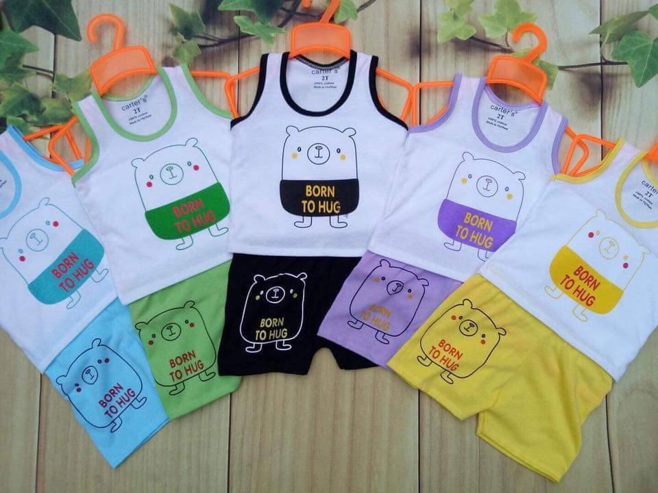 Combo 5 bộ quần đùi áo sát nách họa tiết gấu to cho bé trai bé gái từ 3-15kg