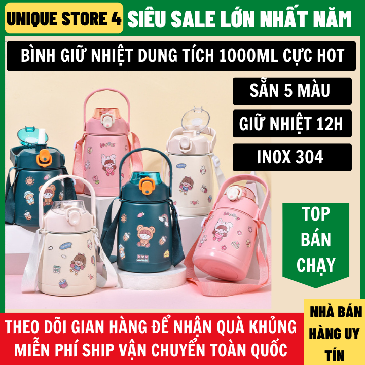 Bình Giữ Nhiệt Inox Cute Dung Tích 1000ml giữ nhiệt 12 giờ, Bảo Hành 12 Tháng Tặng Kèm 1 Ống Hút, bình giữ nhiệt inox cute. cốc giữ nhiệt inox