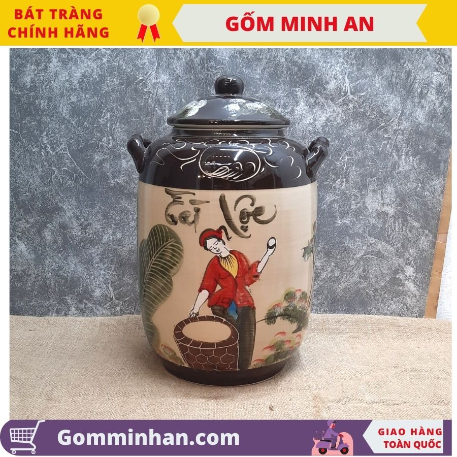 Hũ đựng gạo chum đựng gạo tài lộc vẽ cô tấm 15kg gạo 20lit gốm bát tràng- gốm minh an