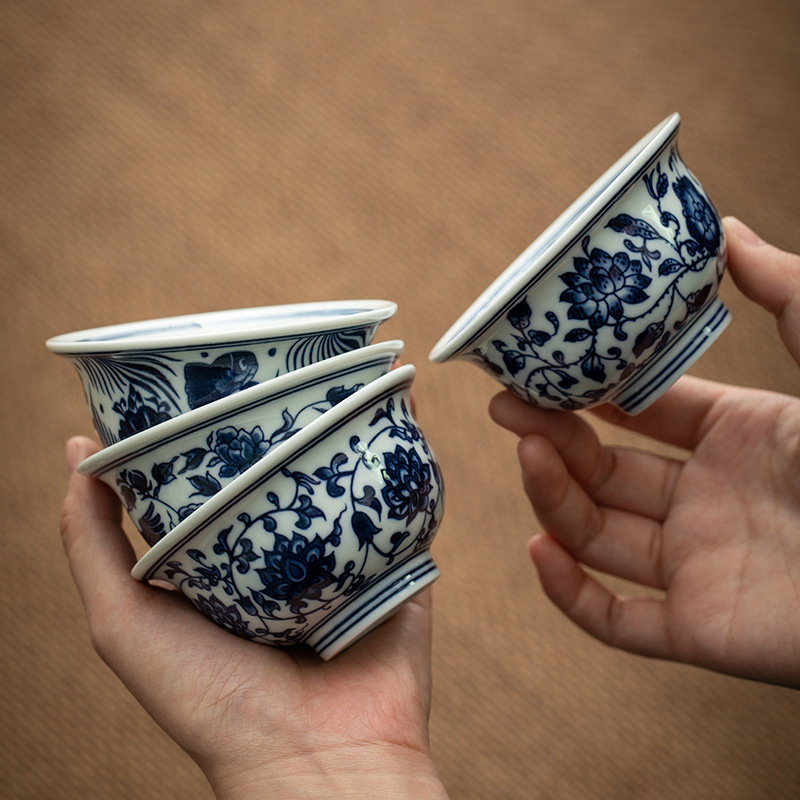 Cốc Trà Gốm Sứ Tráng Men Màu Xanh Trắng Cốc Đơn Lớn Chủ Nhân Chén Trà Chén Trà Bát Trà Kung Fu Cốc Tay Ép Cổ Điển hot