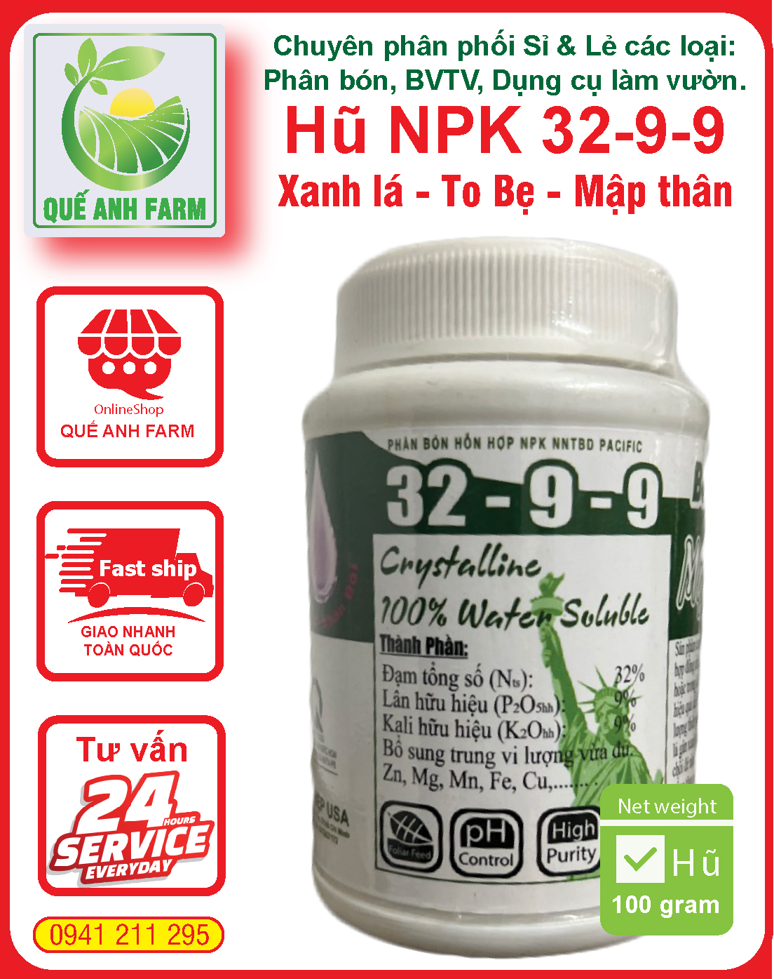 Phân bón npk 32-9-9 hũ 100g