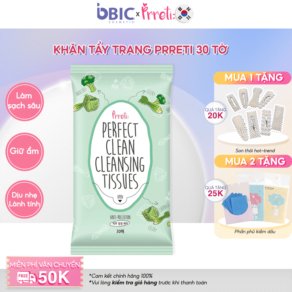 Khăn ướt tẩy trang Prreti giúp làm sạch lớp trang điểm một cách dịu nhẹ với chất liệu vải mềm mại, không gây kích ứng, duy trì độ ẩm cho da giúp da không bị khô sau khi tẩy trang bịch 30 tờ BIC Cosmetic