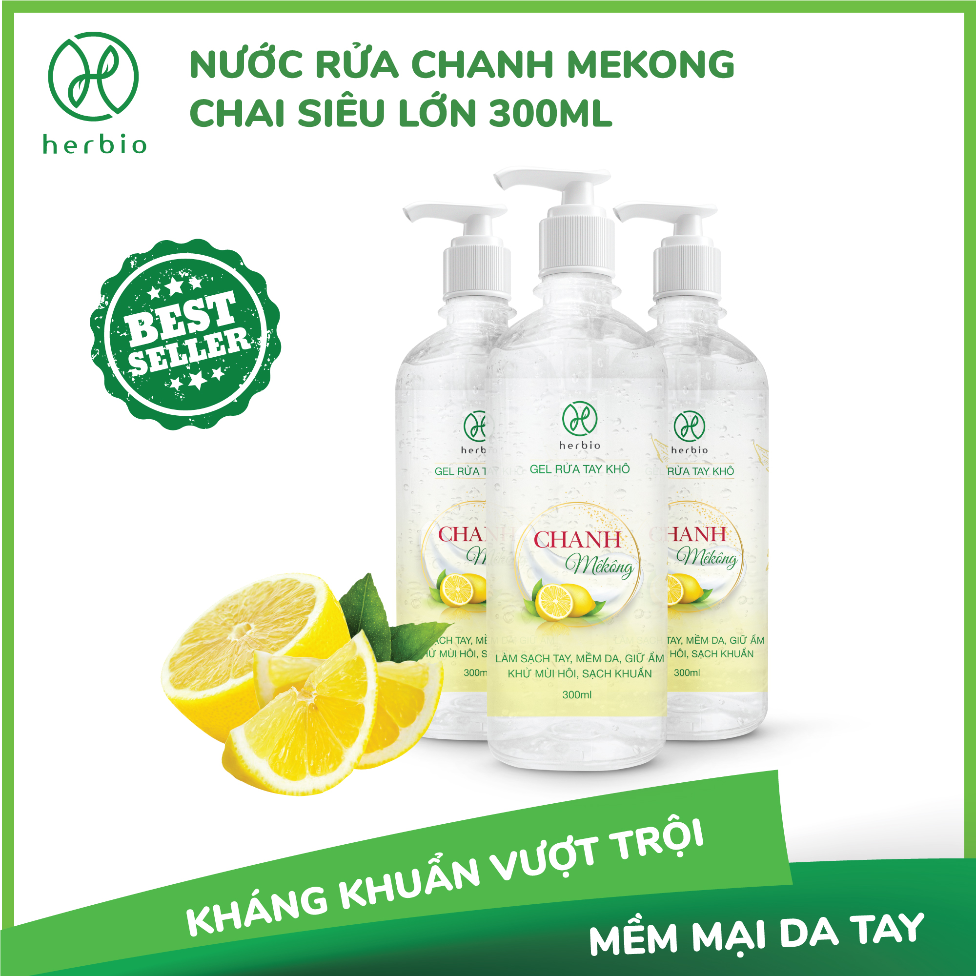[HCM]Gel rửa tay khô diệt khuẩn Herbio hương Chanh Mekong chai 300ml - diệt khuẩn 999% khử mùi hôi giữ ẩm làm mềm da