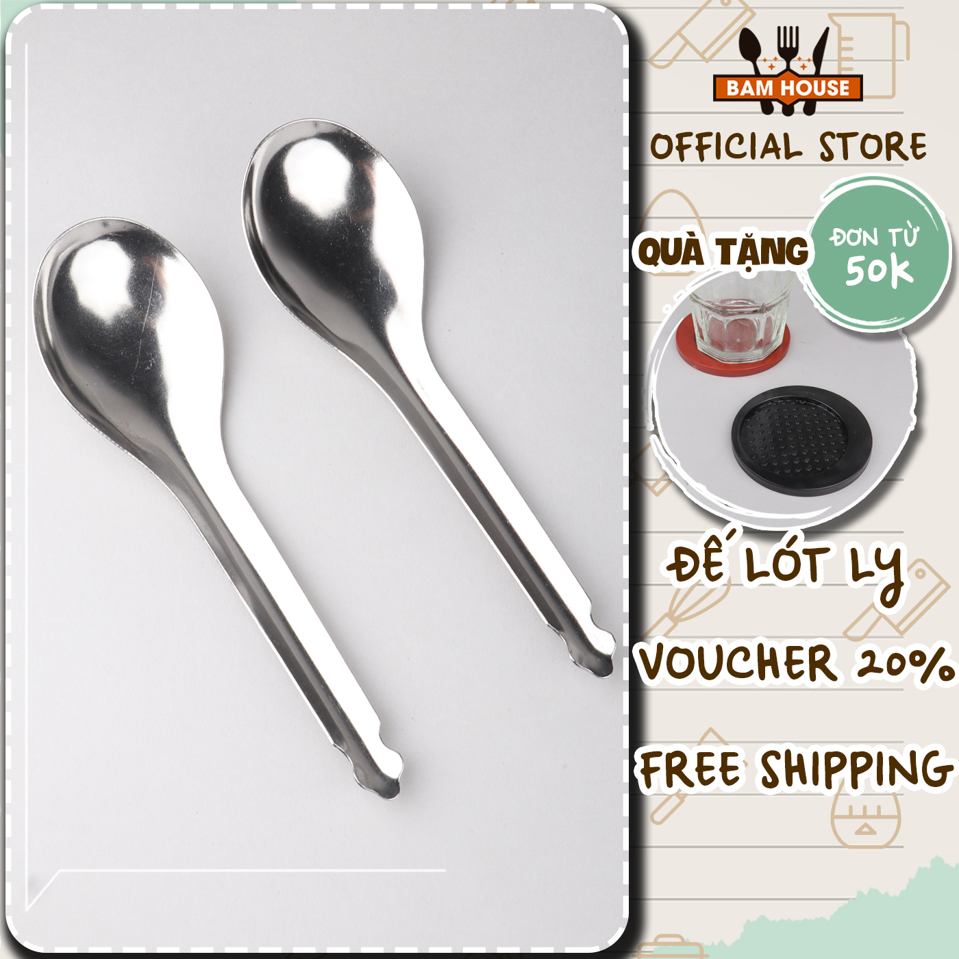 Set 2 Muỗng canh bầu tròn inox Bam House loại dày cao cấp MT03  - Gia dụng bếp