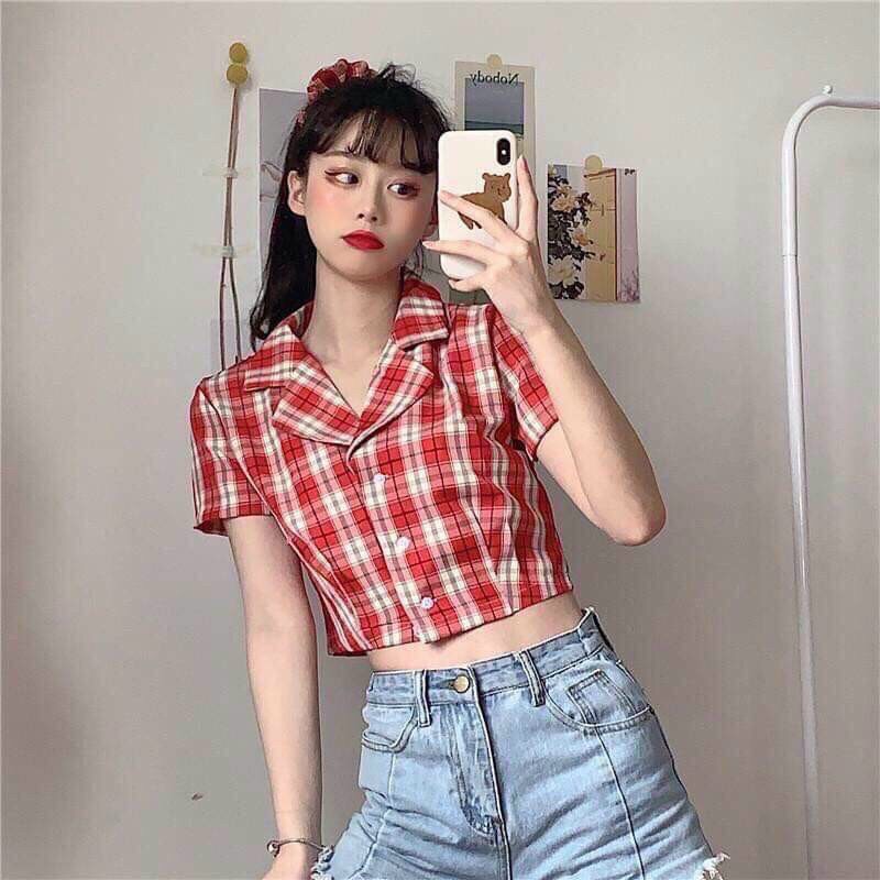 Áo sơmi caro cổ vets siêu hót,form croptop siêu sexy nha khách,full bảng màu ạ-nu