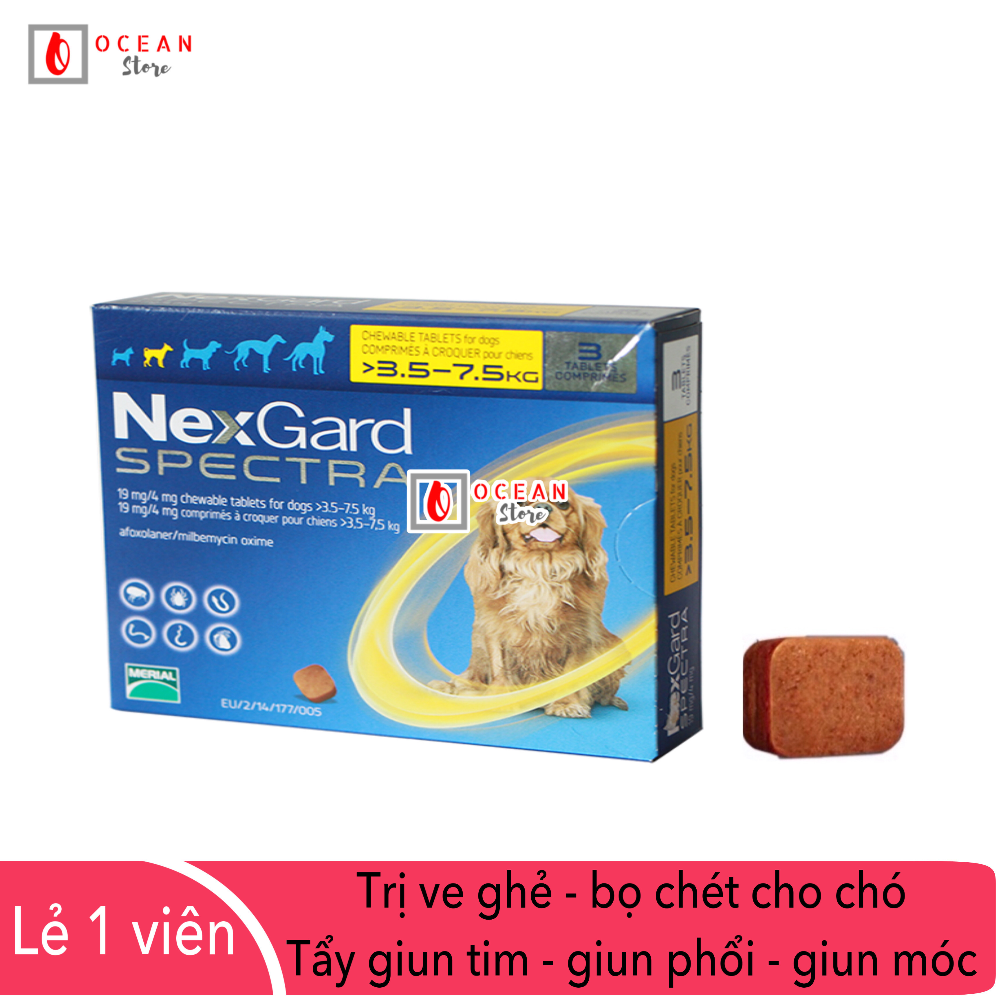  Thuốc trị ve ghẻ bọ chét demodex tẩy giun cho chó - 1 viên Nexgard Spectra cho chó 3,5-7,5kg  1 tablet 3,5-7,5kg - No Box  
