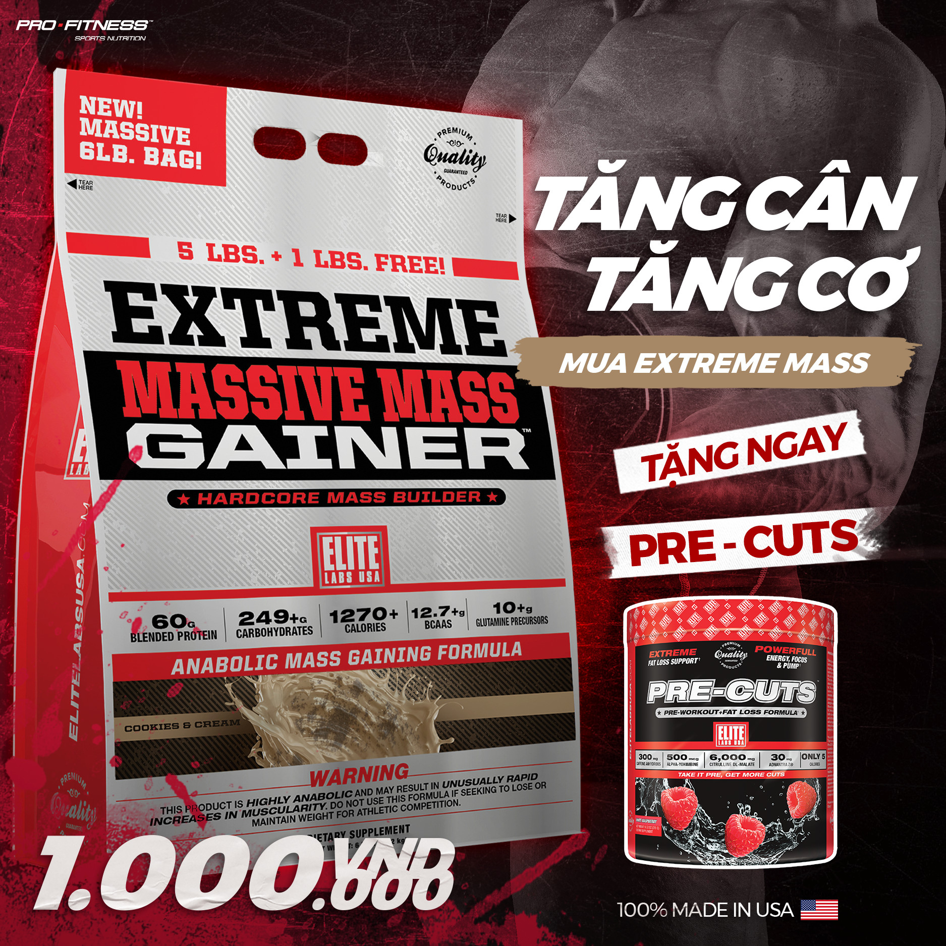 Sữa mass tăng cân nhanh cho người gầy Extreme Massive Mass Gainer 6lbs - Sữa cải thiện cân nặng hiệu quả (Túi 2.72kg)