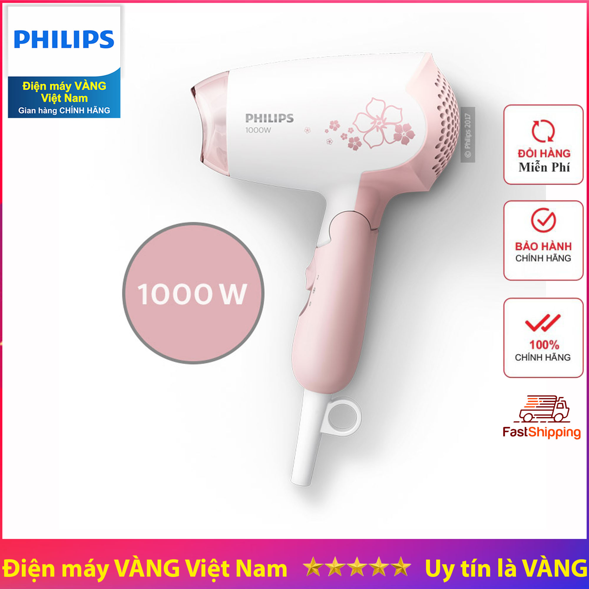 Máy sấy tóc mini cao cấp Philips HP8108 (Hồng) - Hàng chính hãng (Bảo hành 2 năm tại các Trung tâm bảo hành Philips trên toàn quốc)