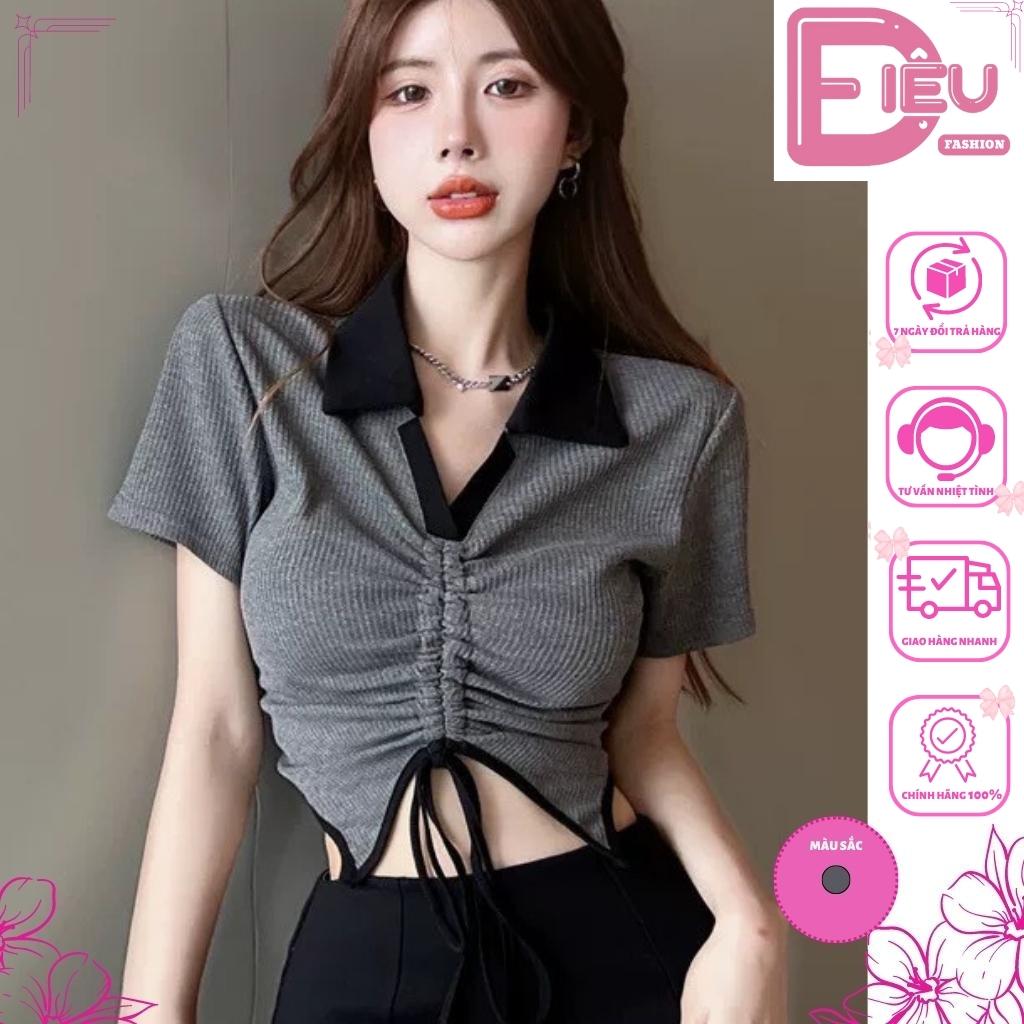 Áo croptop nữ ngắn tay cổ bẻ phối rút dây Điệu Fashion, Áo kiểu nữ ôm body phối viền khoét eo cực tôn dáng - A10