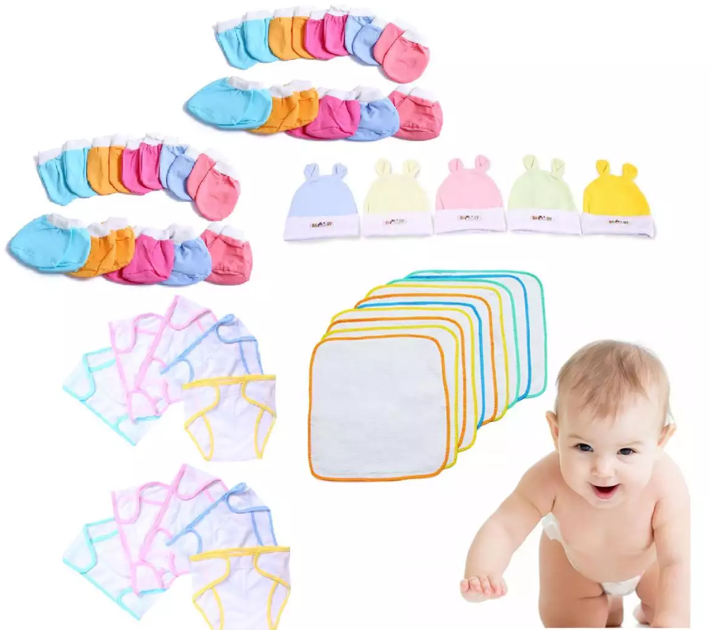 Đồ dùng cho bé sơ sinh 45 món ( 10 tã vải + 10 khăn lót chống thấm + 5 nón + 10 cặp bao tay + 10 cặp bao chân)