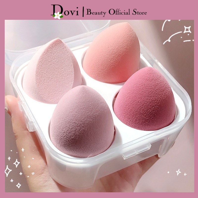 Bông mút trang điểm mút tán kem nền, bông trang điểm phấn phủ mặt ướt và khô hình giọt nước, qủa trứng hộp 4 trứng
