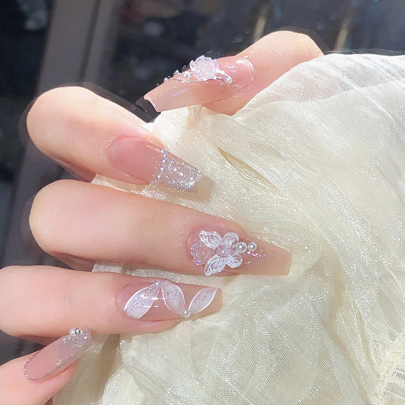 Bộ 24 móng tay giả đính đá dài Z449, Nailbox đính nơ , Nail xinh, Móng giả dáng dài cho cô dâu