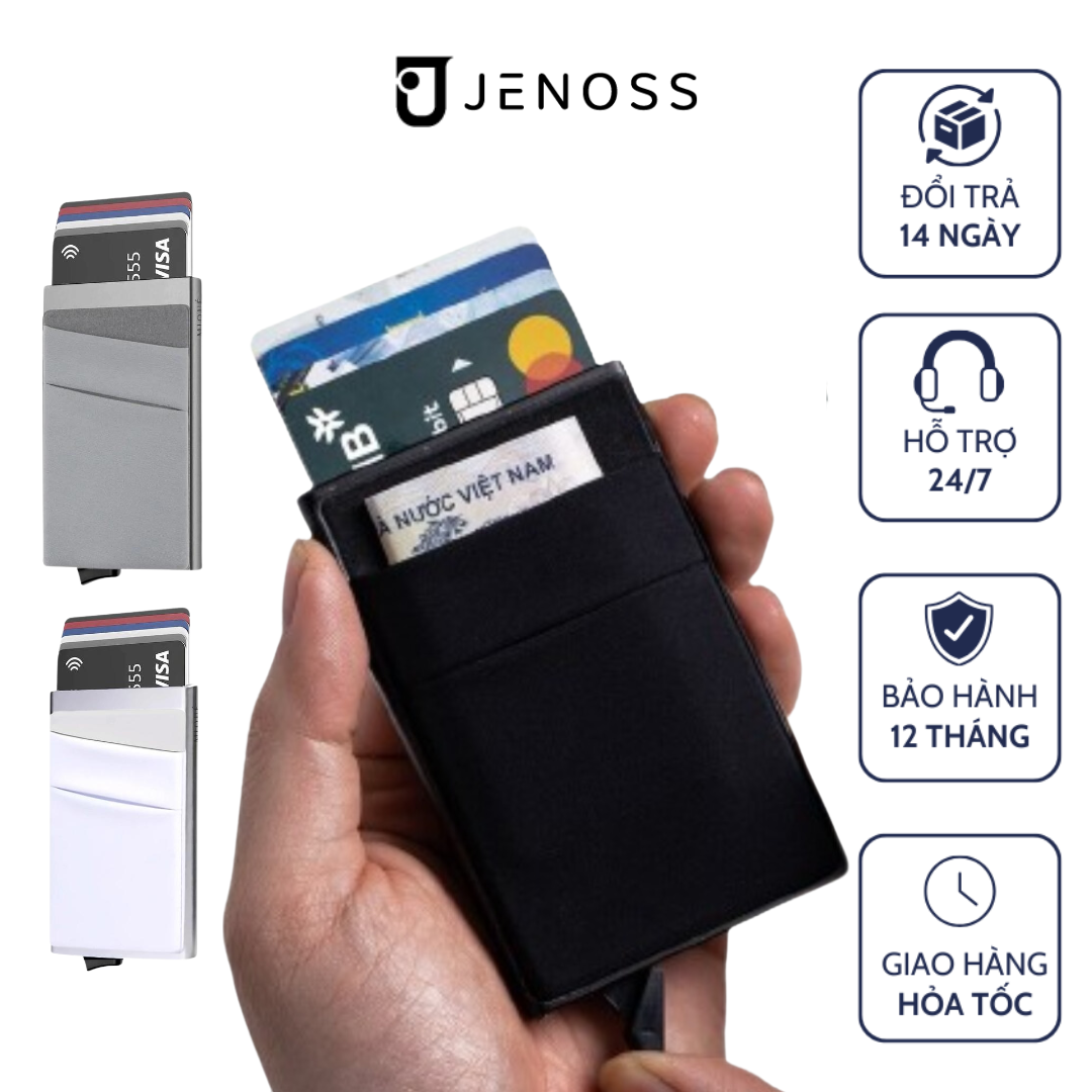 Ví đựng thẻ thông minh Excel, hộp đựng thẻ mini đẩy lên tiện dụng, ví chặn sóng RFID Jenoss