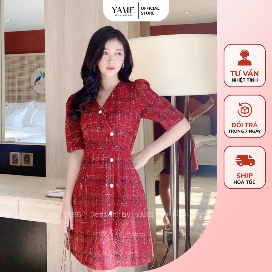 Váy đầm dạ tweed ngắn tay màu đỏ cúc lệch cổ V YAME