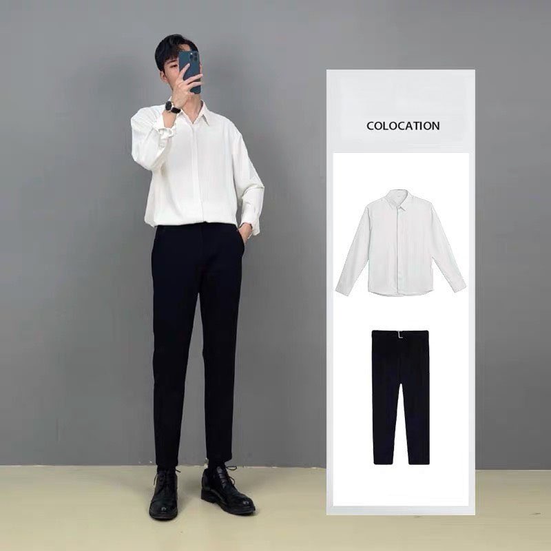 Áo sơ mi nam dài tay giấu cúc chất trượt hàn mịn mướt không nhăn phom vừa ôm mặc thoải mái