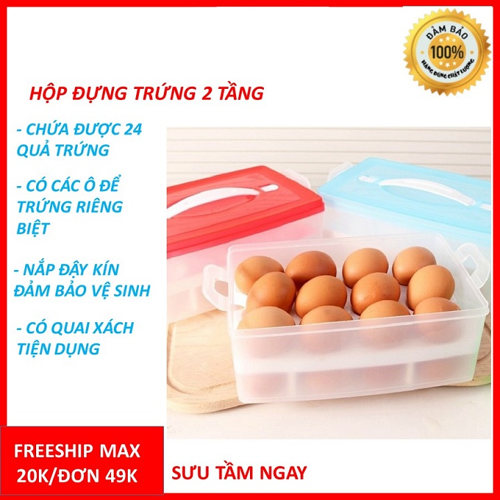 Hộp đựng trứng 2 tầng tiện dụng - Khay đựng trứng 24 quả có nắp