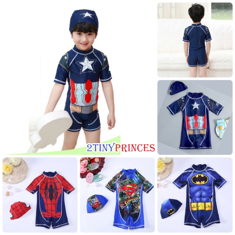 Bộ đồ bơi liền thân siêu nhân người nhện, đội trưởng mỹ kèm nón bơi - Đồ bơi bé trai DBBT32