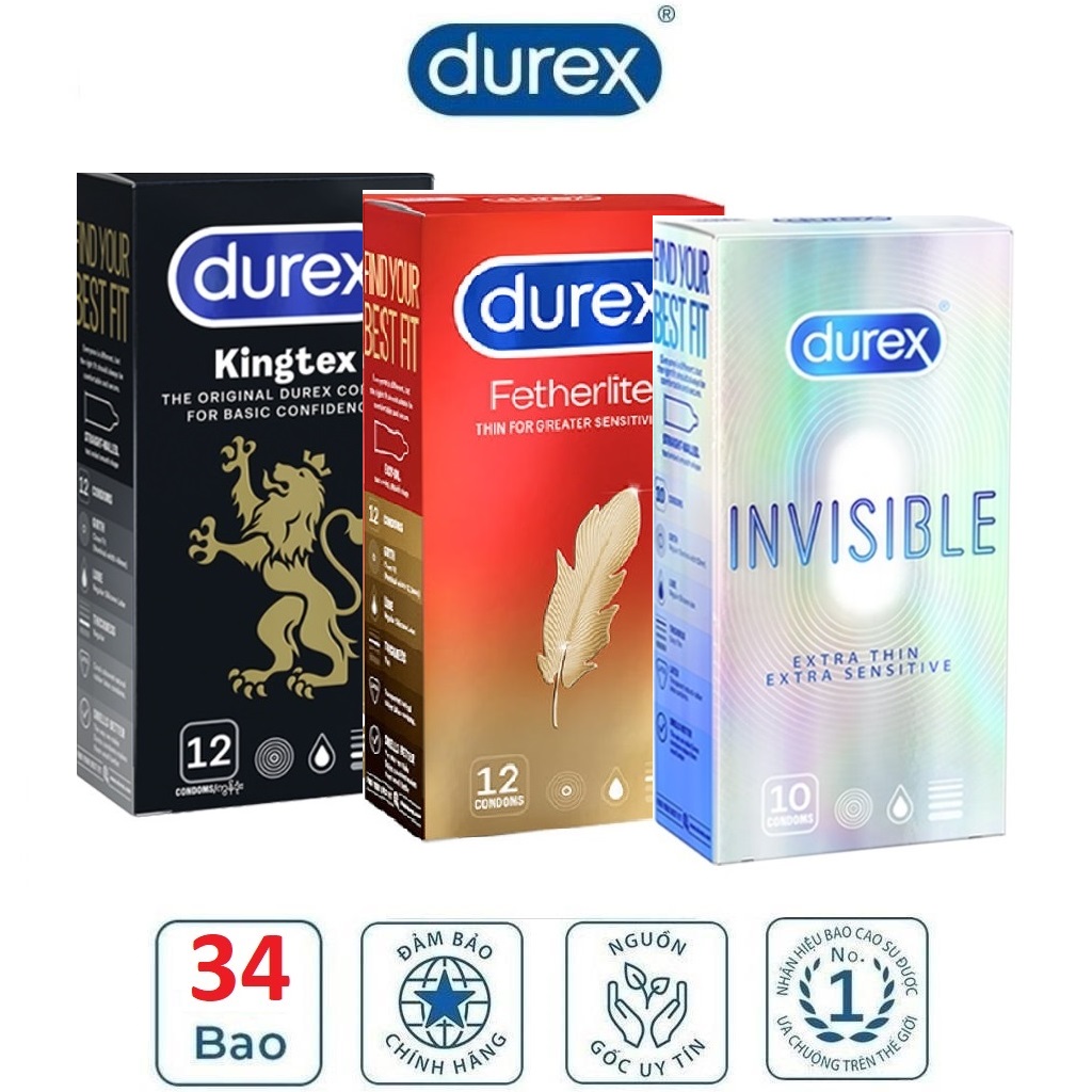 Bộ 3 hộp Bao cao su Durex Kingtex 12s - Fetherlite 12s - Invisible Extra Lubricated 10s - siêu mỏng ôm khít không lo tuột
