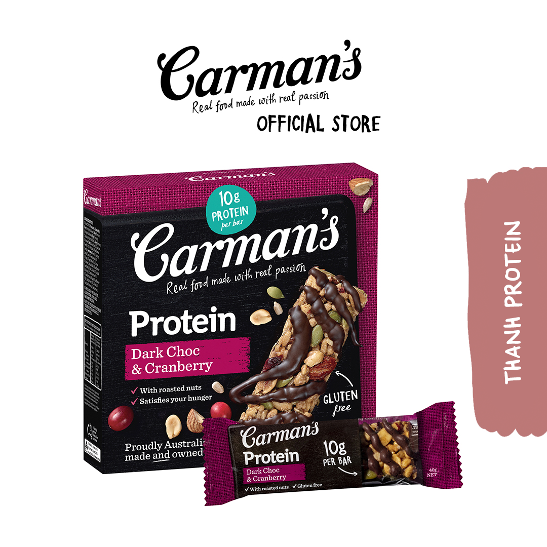 Thanh Protein Carman's Không Gluten Vị Socola Đen & Nam Việt Quất - Gourmet Protein Bars Dark Choc & Cranberry Hộp 5×40g